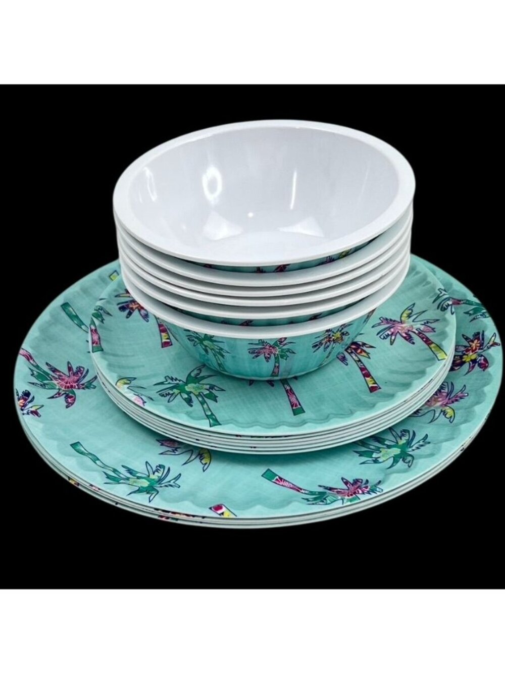 Cynthia Rowley Melamine 16 Piece Dish Set Palm Tree Tropical Beach Summer Picnic